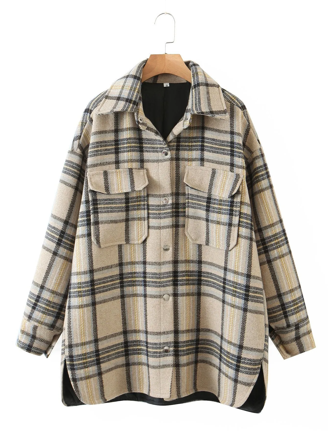 Blend Wool Brushed Plaid Pattern Shacket Collared Flannel Shirt Jacket