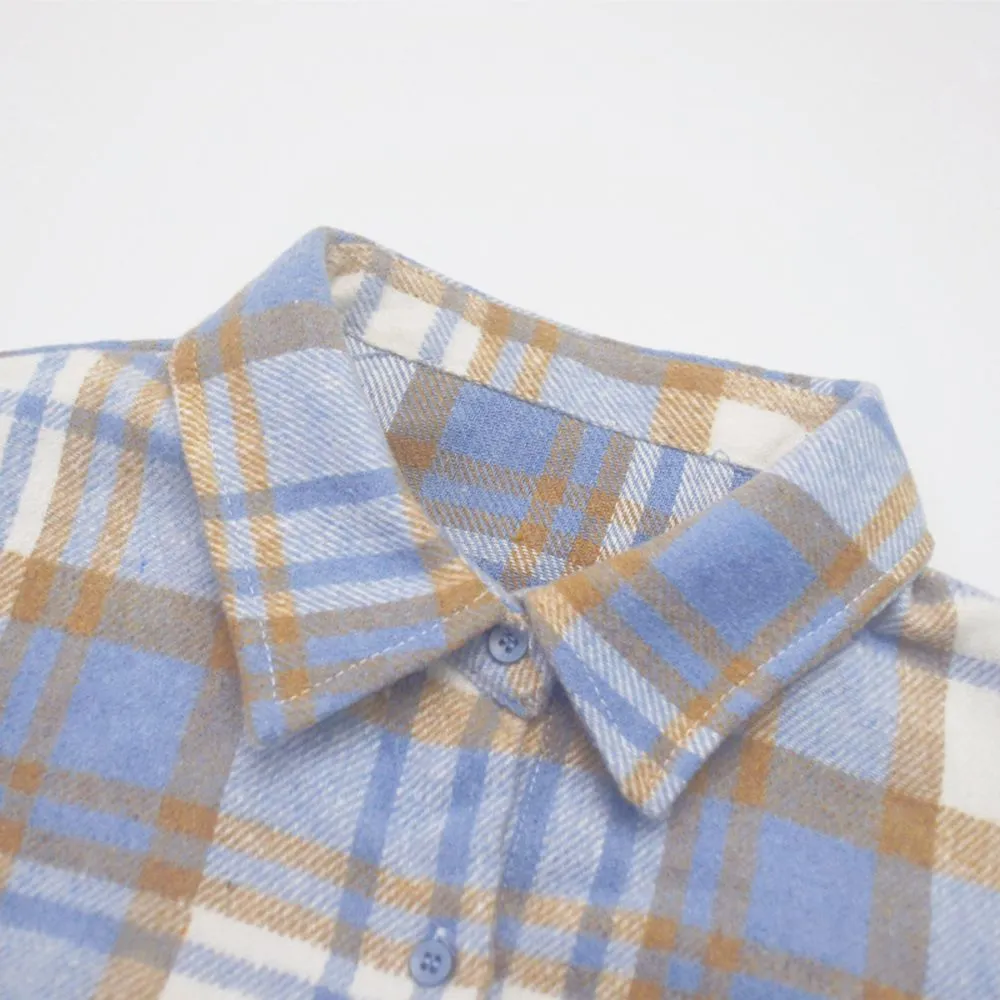 Blend Wool Brushed Plaid Pattern Shacket Collared Flannel Shirt Jacket