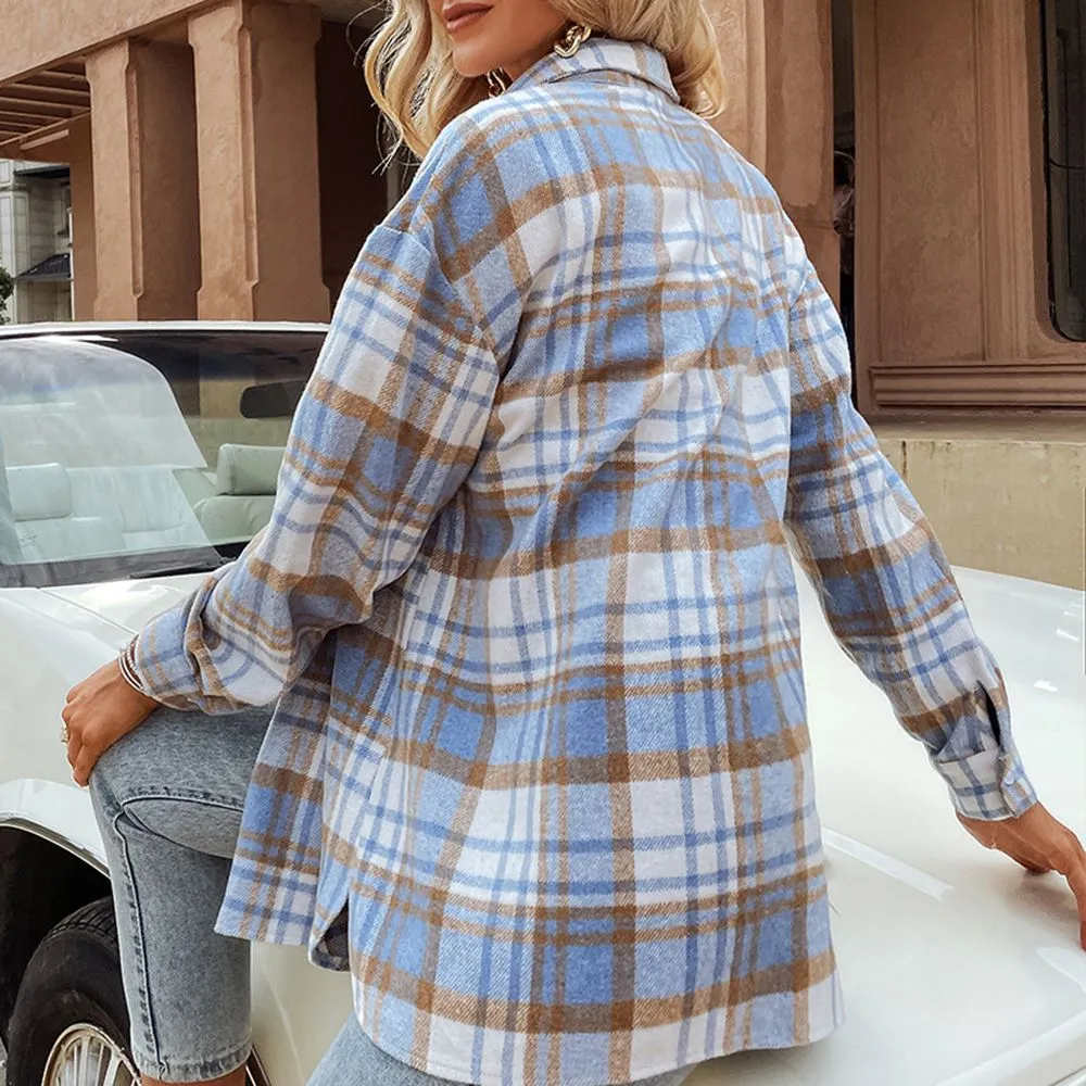 Blend Wool Brushed Plaid Pattern Shacket Collared Flannel Shirt Jacket