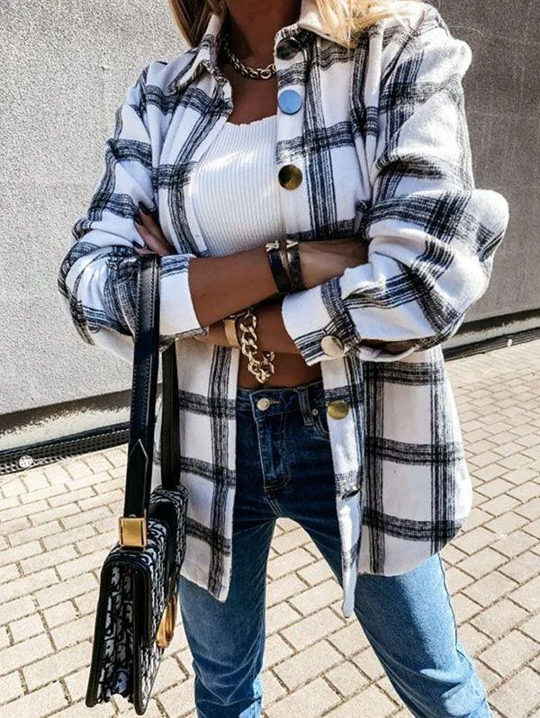 Blend Wool Brushed Plaid Pattern Shacket Collared Flannel Shirt Jacket