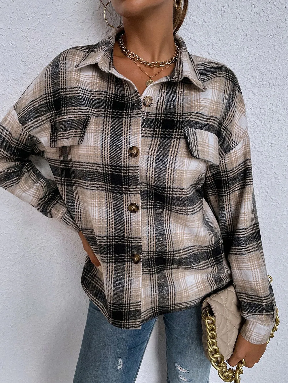 Blend Wool Brushed Plaid Pattern Shacket Collared Flannel Shirt Jacket