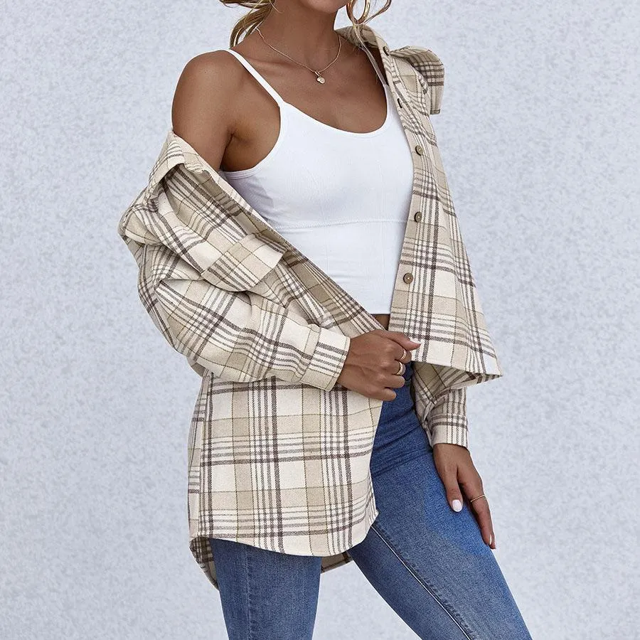 Blend Wool Brushed Plaid Pattern Shacket Collared Flannel Shirt Jacket