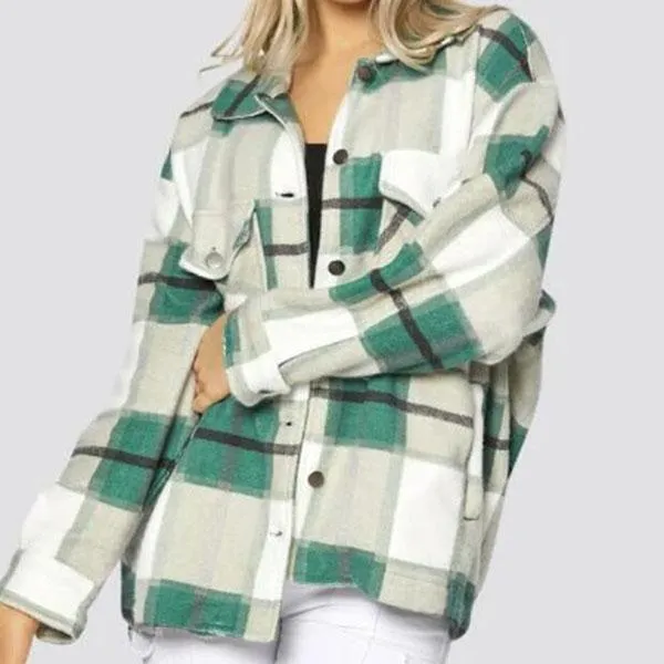 Blend Wool Brushed Plaid Pattern Shacket Collared Flannel Shirt Jacket