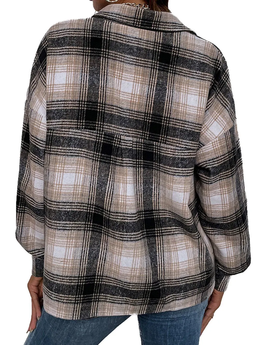 Blend Wool Brushed Plaid Pattern Shacket Collared Flannel Shirt Jacket