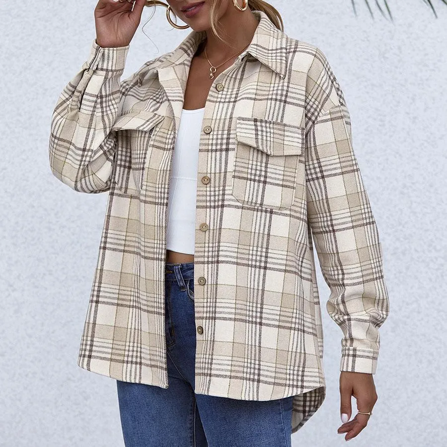 Blend Wool Brushed Plaid Pattern Shacket Collared Flannel Shirt Jacket