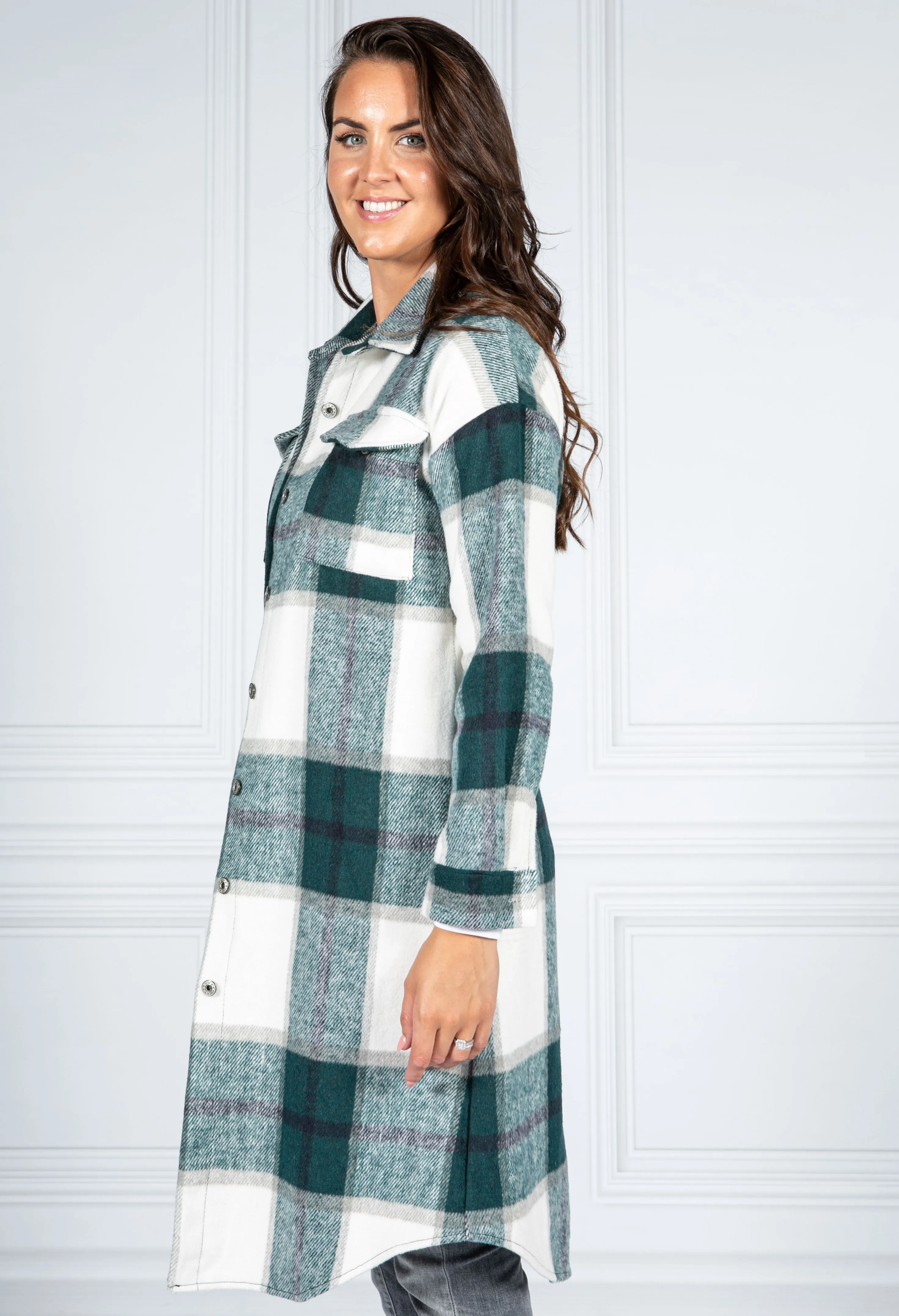 Bottle Green Checked Midi Coat