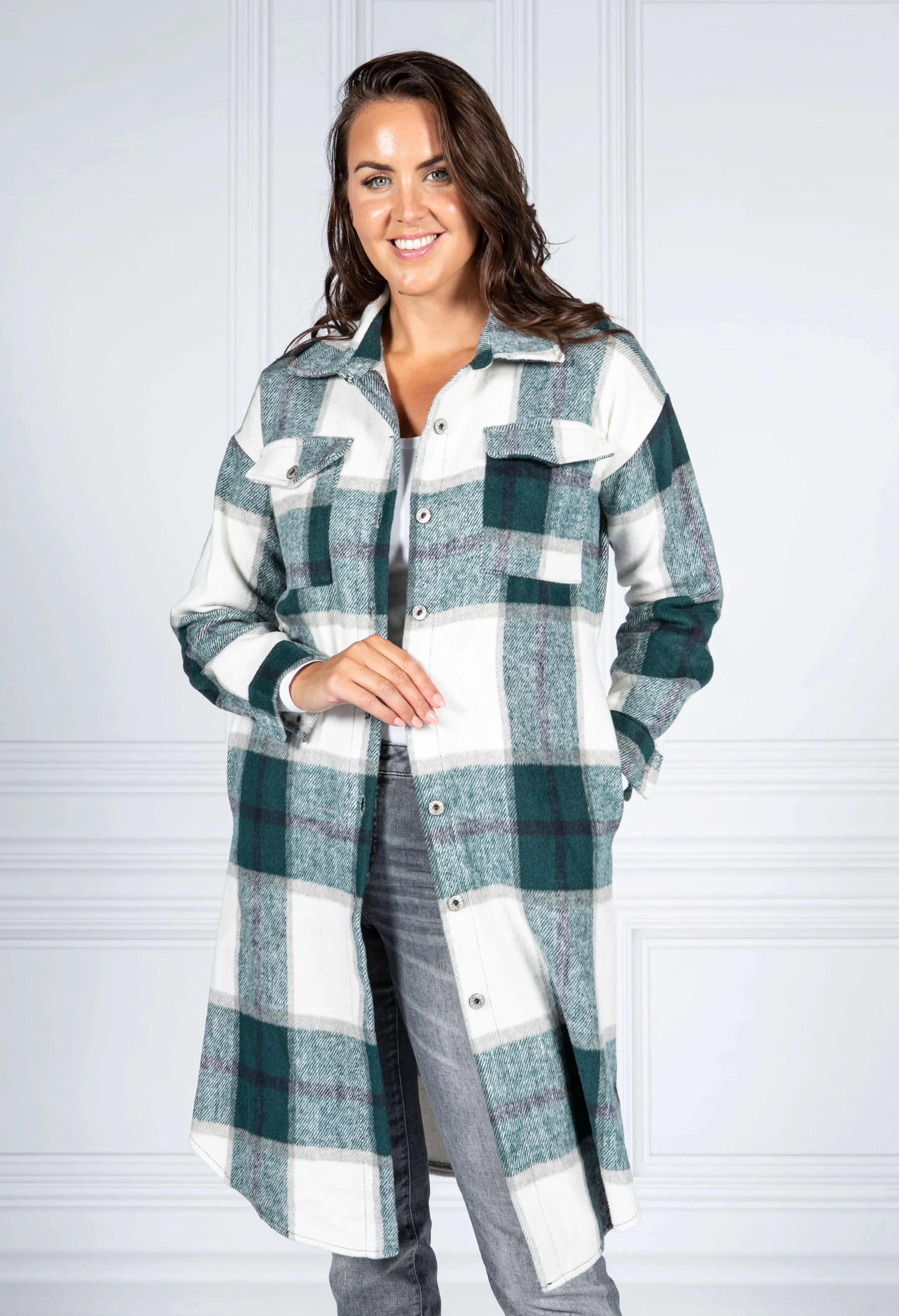 Bottle Green Checked Midi Coat
