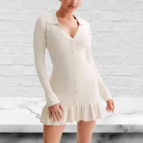 Bow Tie Ruffle Pearl Button Long Sleeve Knit Dress