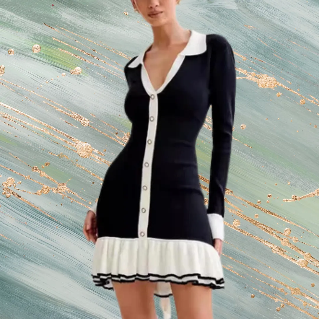 Bow Tie Ruffle Pearl Button Long Sleeve Knit Dress