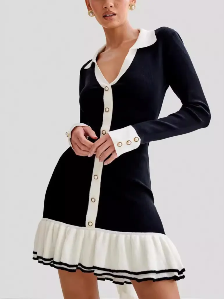 Bow Tie Ruffle Pearl Button Long Sleeve Knit Dress