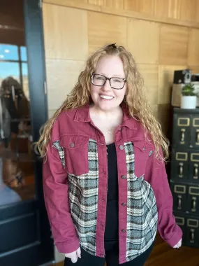 BURGUNDY AND PLAID SHACKET WITH BREAST POCKETS
