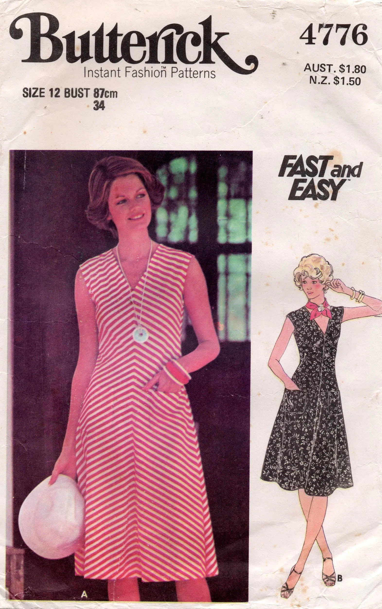 Butterick 4776 Womens EASY Stretch Knit Dress 1970s Vintage Sewing Pattern Size 12 Bust 34 inches