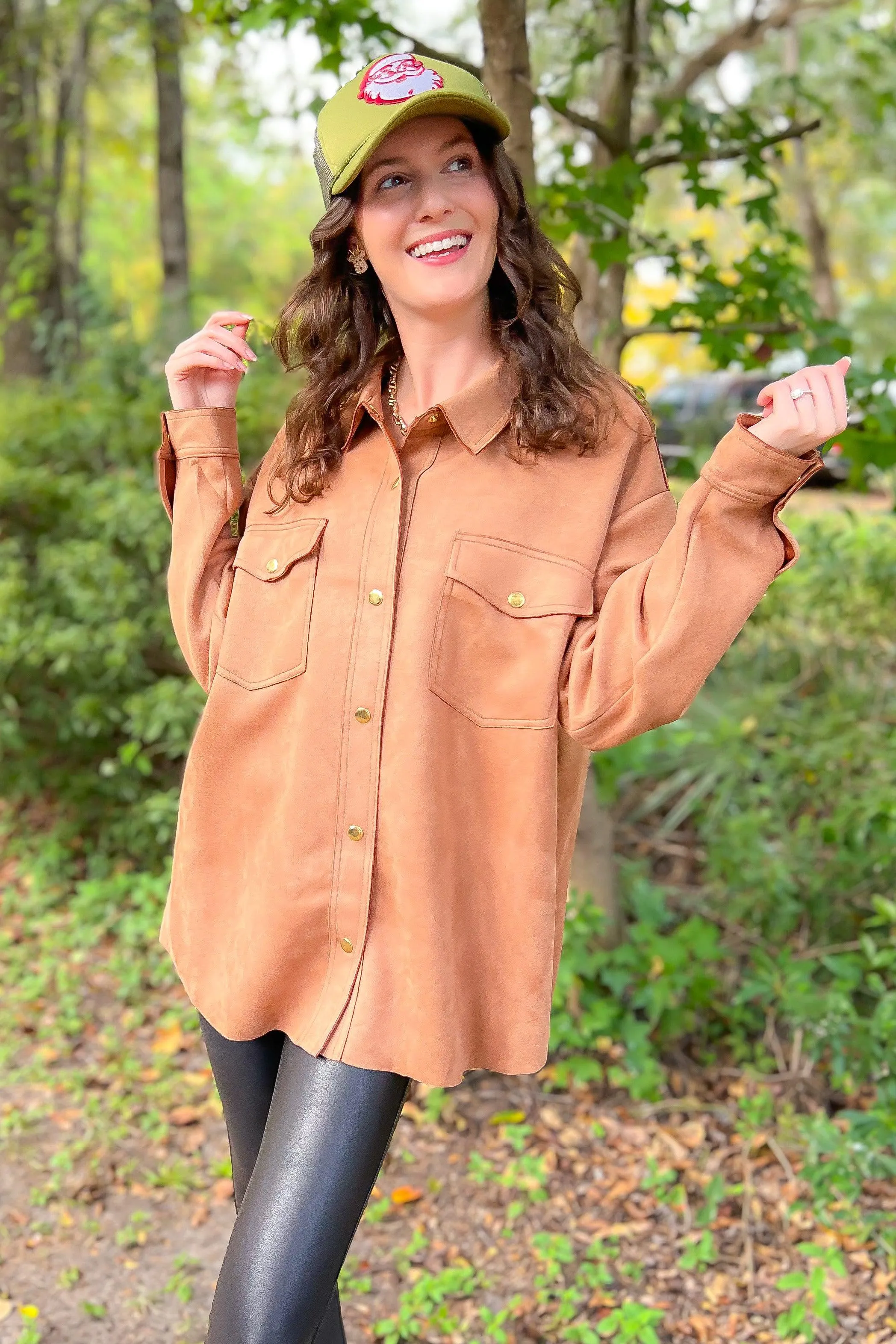 Camel Faux Suede Button Up Shacket