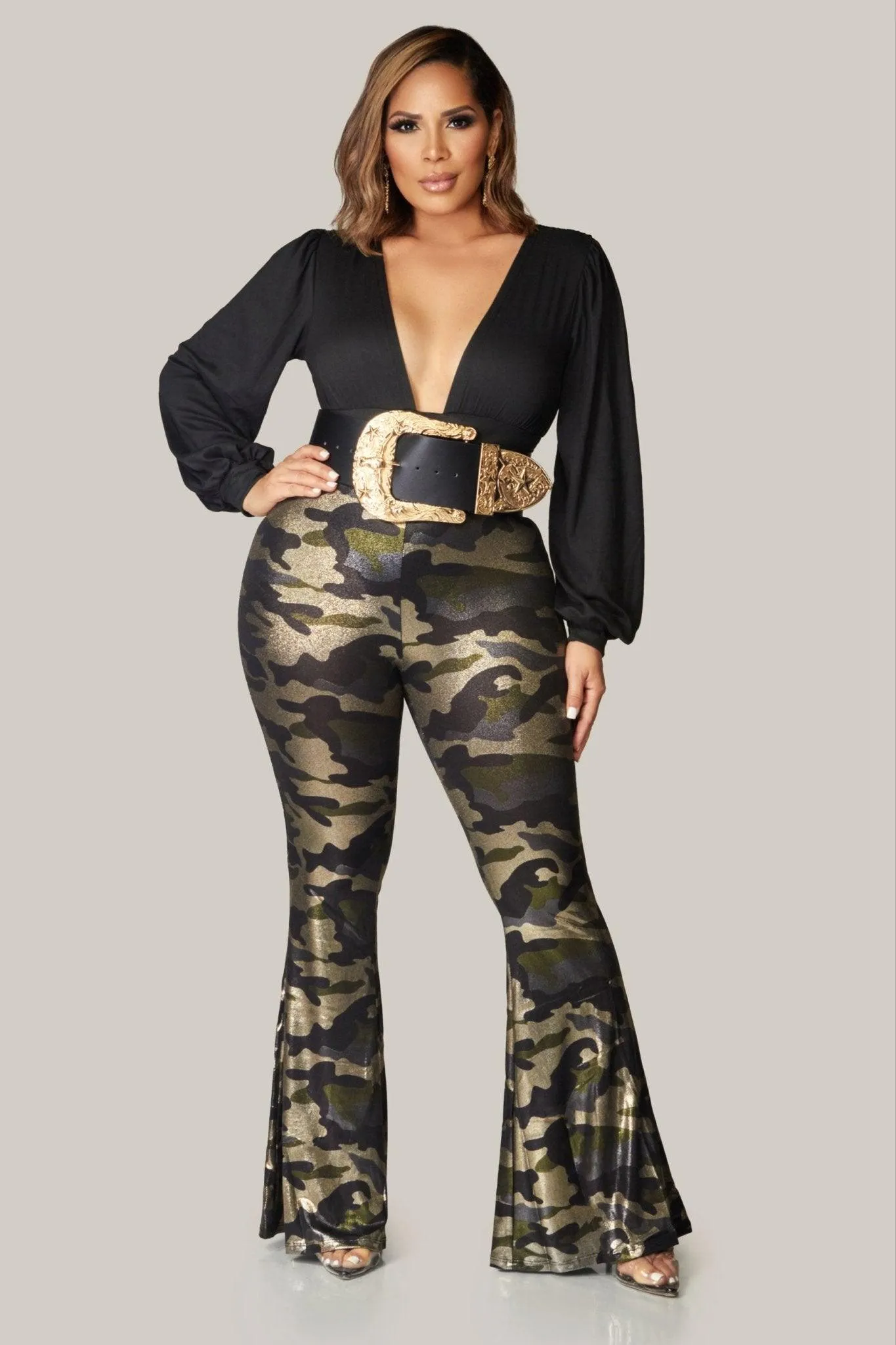 Camo Shiny Flared Pants