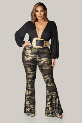 Camo Shiny Flared Pants