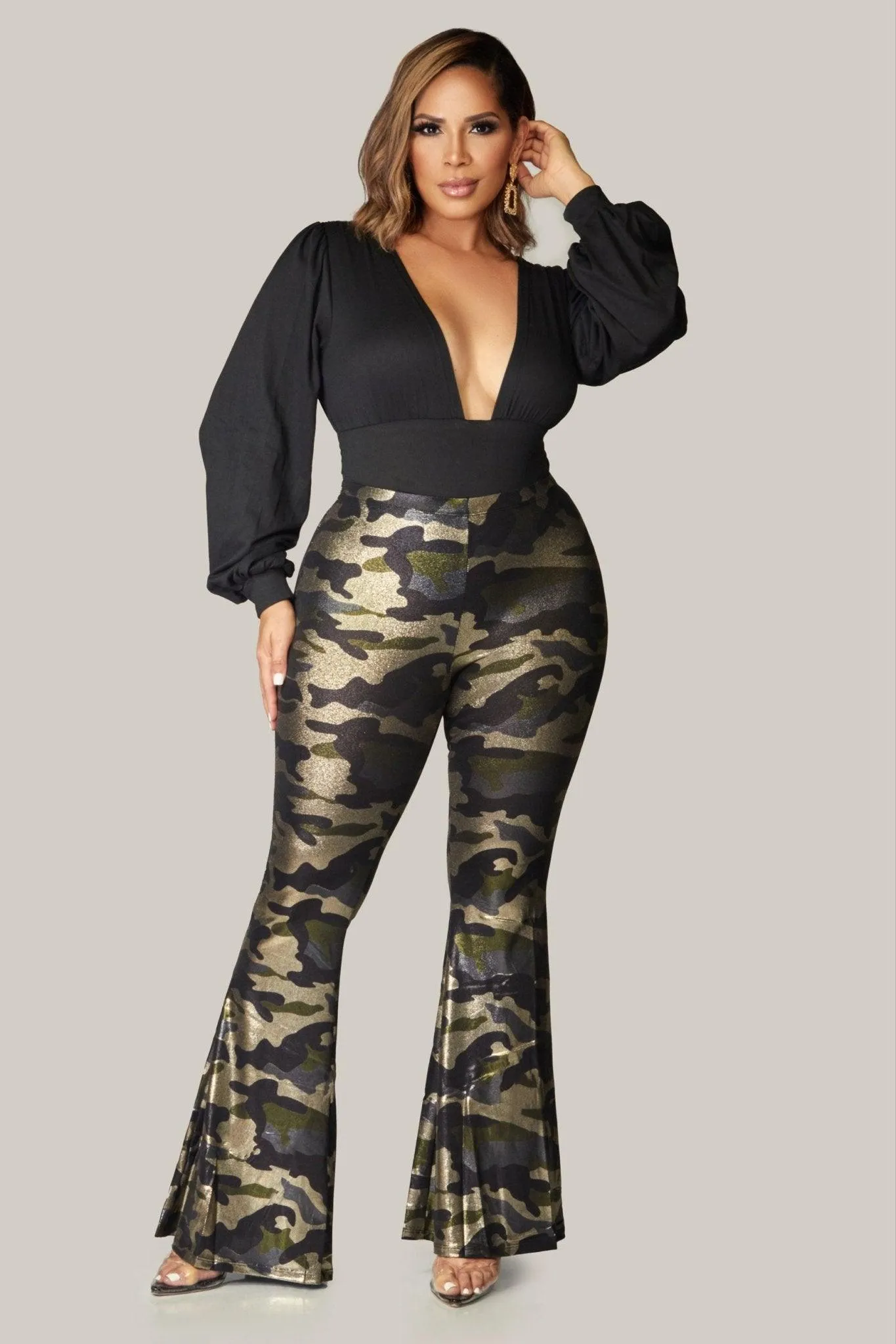Camo Shiny Flared Pants