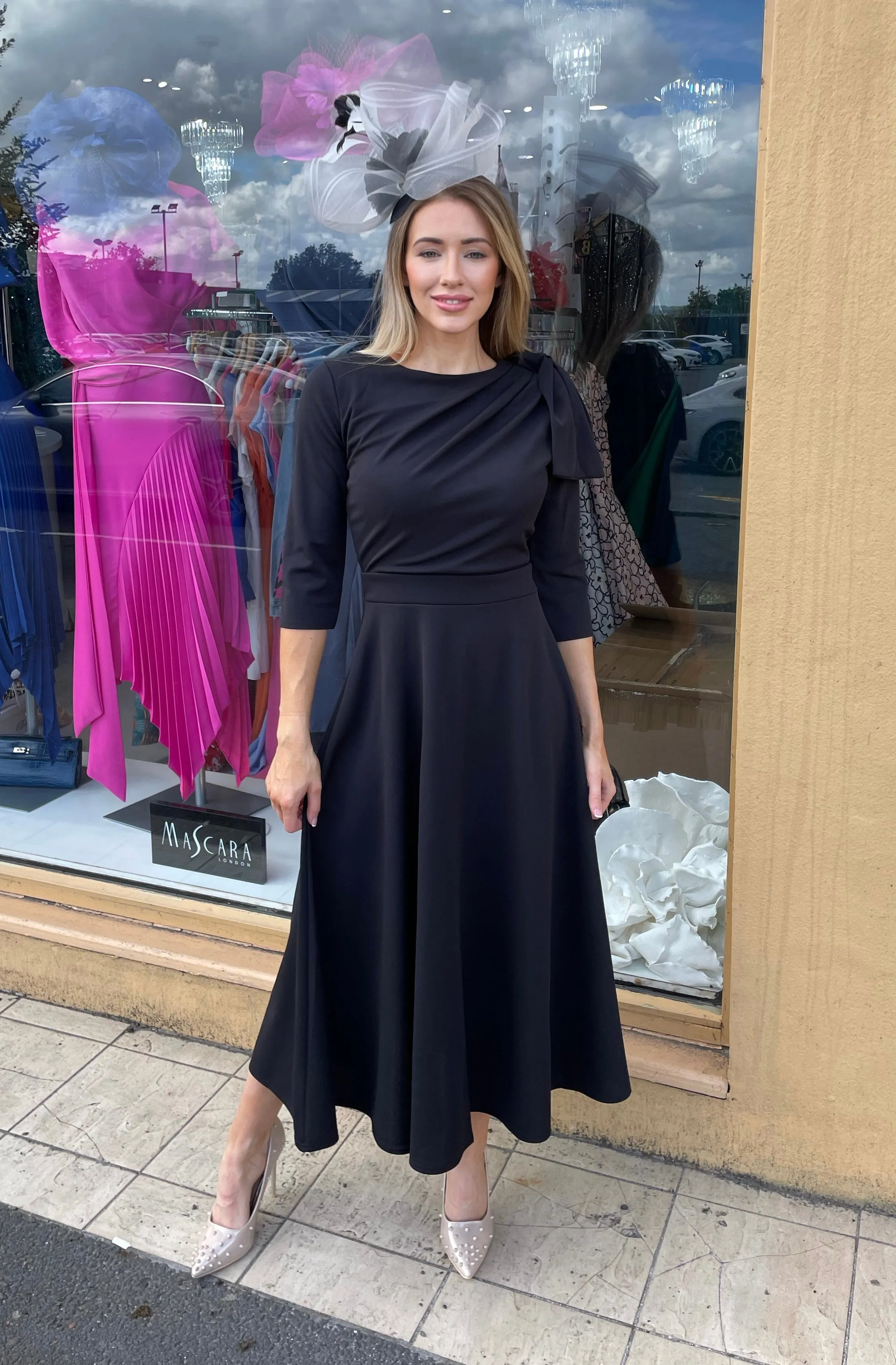 Cath Bow shoulder tea length black dress