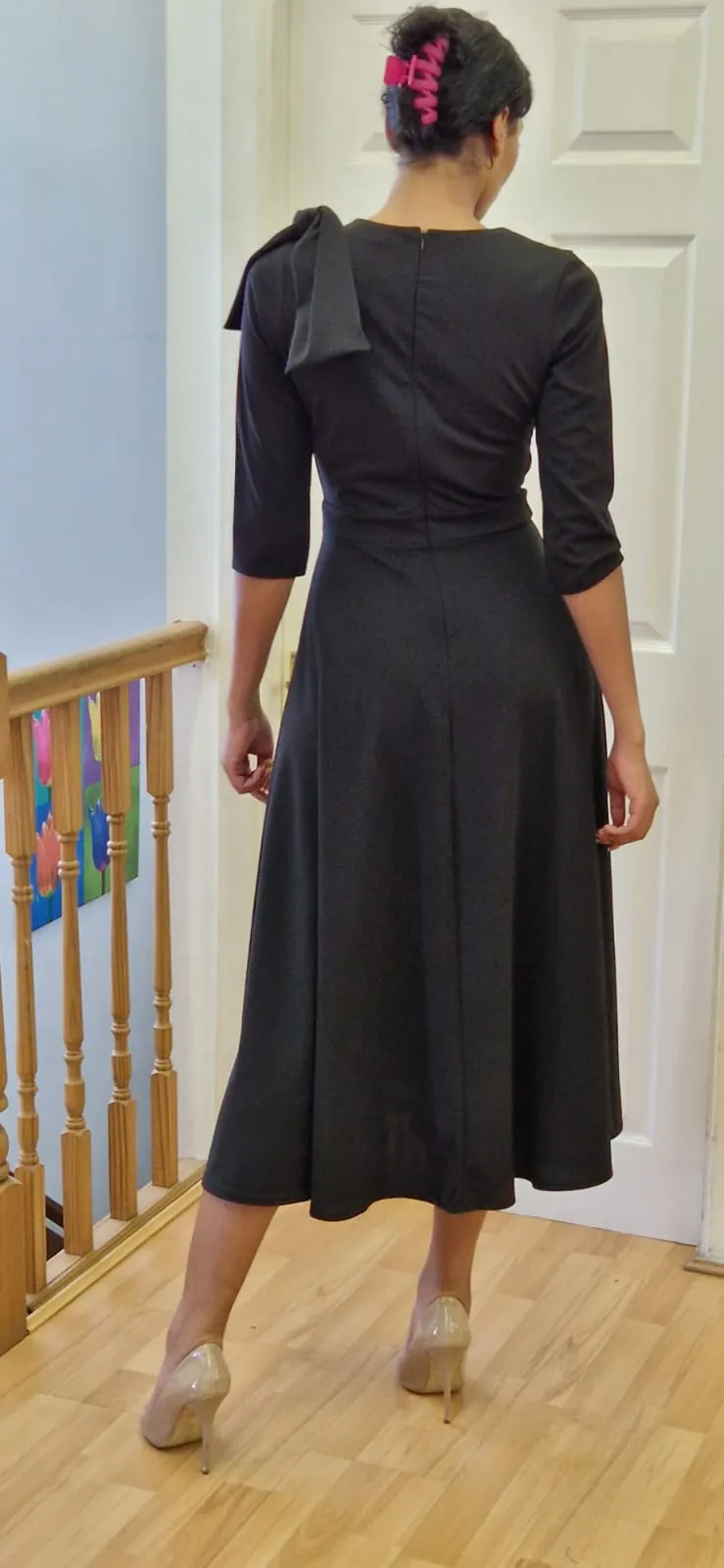 Cath Bow shoulder tea length black dress