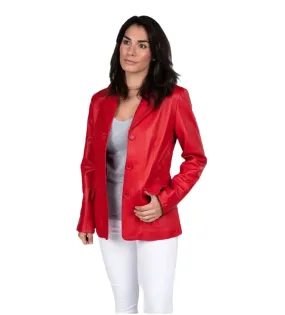Chic Lipstick Red Women's Leather Blazer with 3 Buttons and Functional Pockets