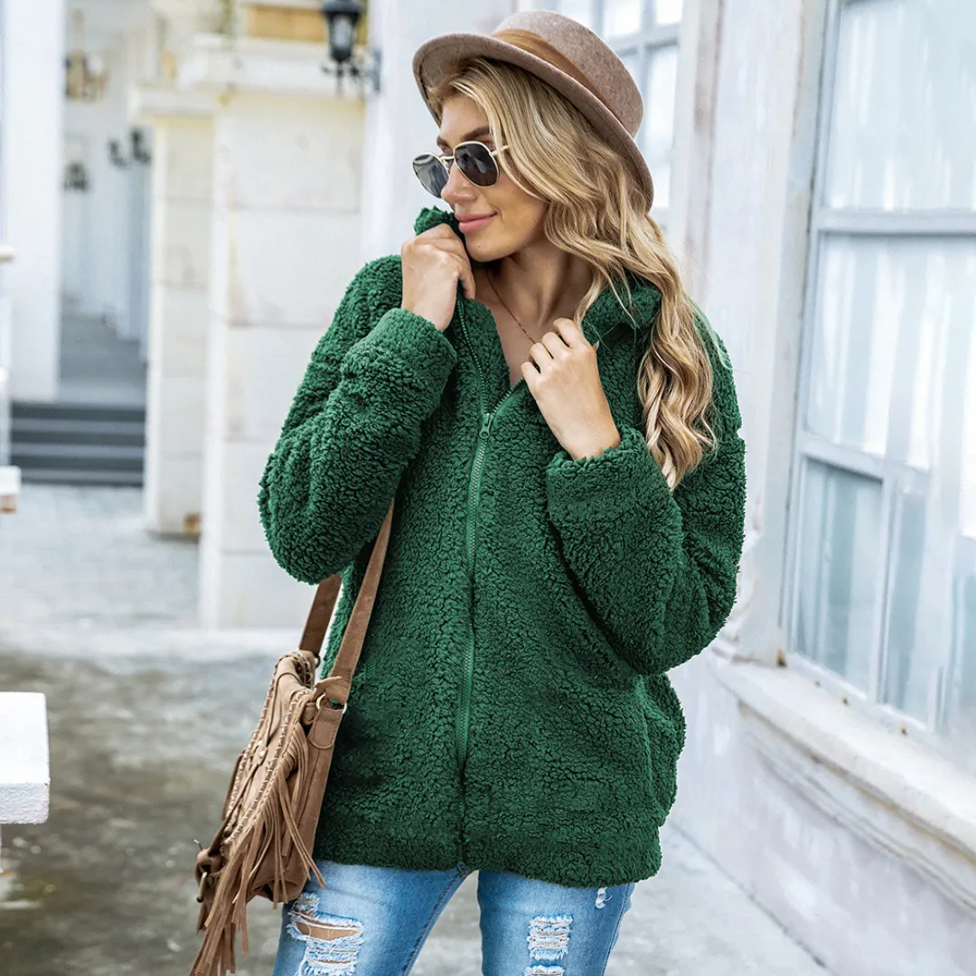 Comfy and Soft Fuzzy Sherpa Fleece Jacket Hoodies Zip Up Casual Long Sleeve Warm Sweatshirt With Pockets Large Size For Women