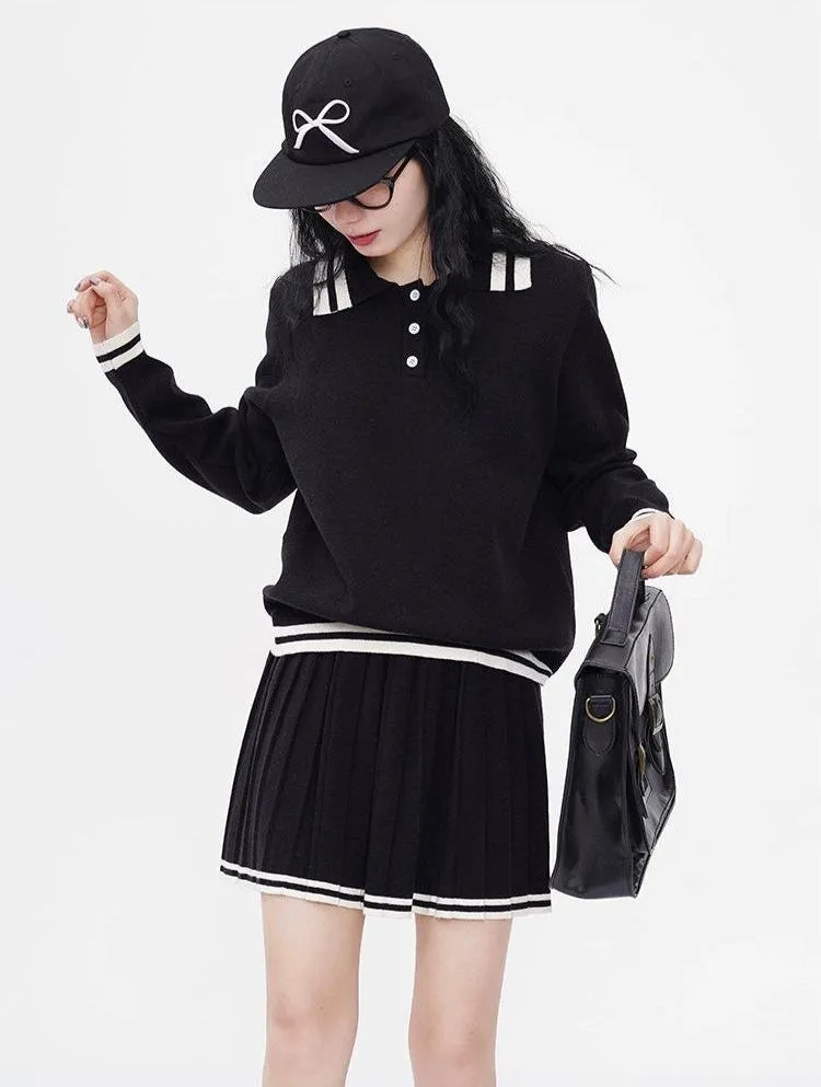 Contrast Trim Half Button Sweatshirt and Pleated Skirt Two-Piece Set