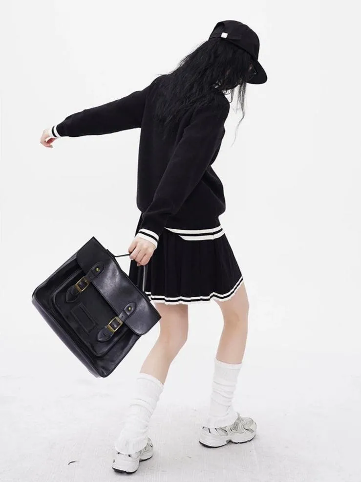 Contrast Trim Half Button Sweatshirt and Pleated Skirt Two-Piece Set