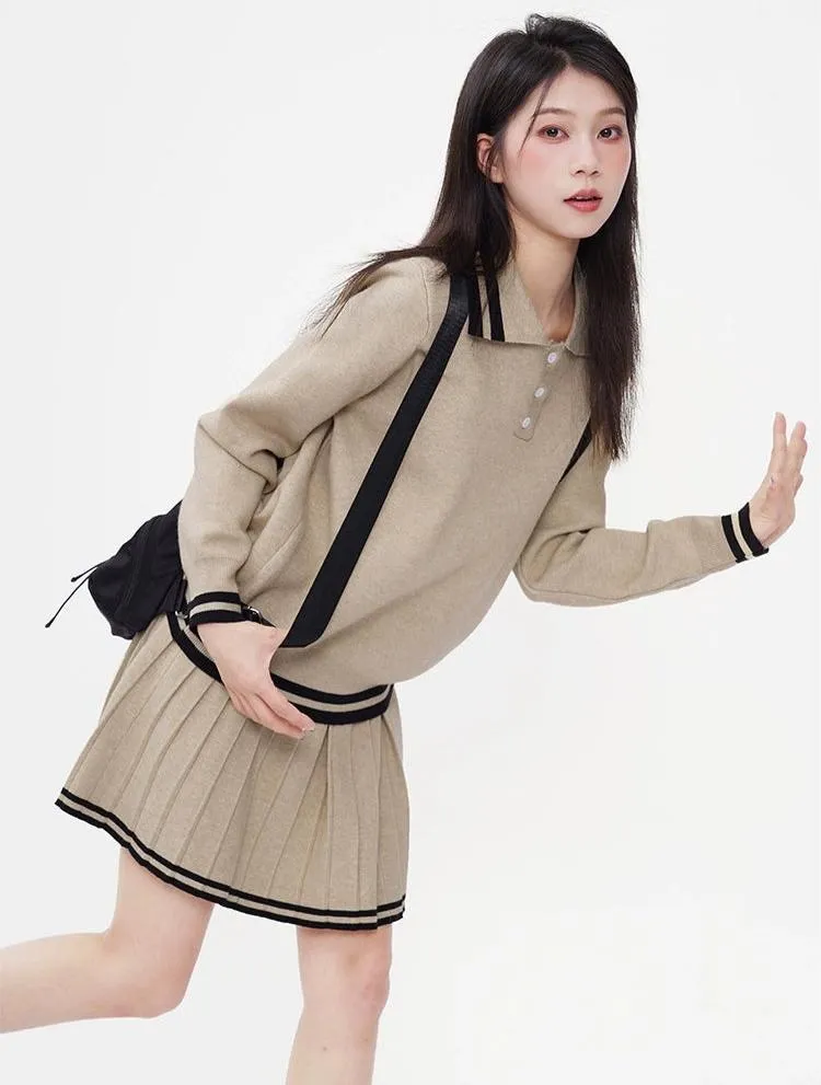 Contrast Trim Half Button Sweatshirt and Pleated Skirt Two-Piece Set