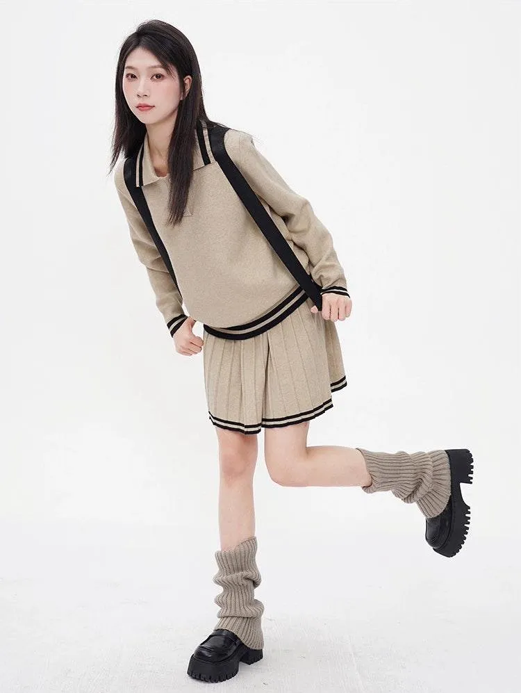 Contrast Trim Half Button Sweatshirt and Pleated Skirt Two-Piece Set