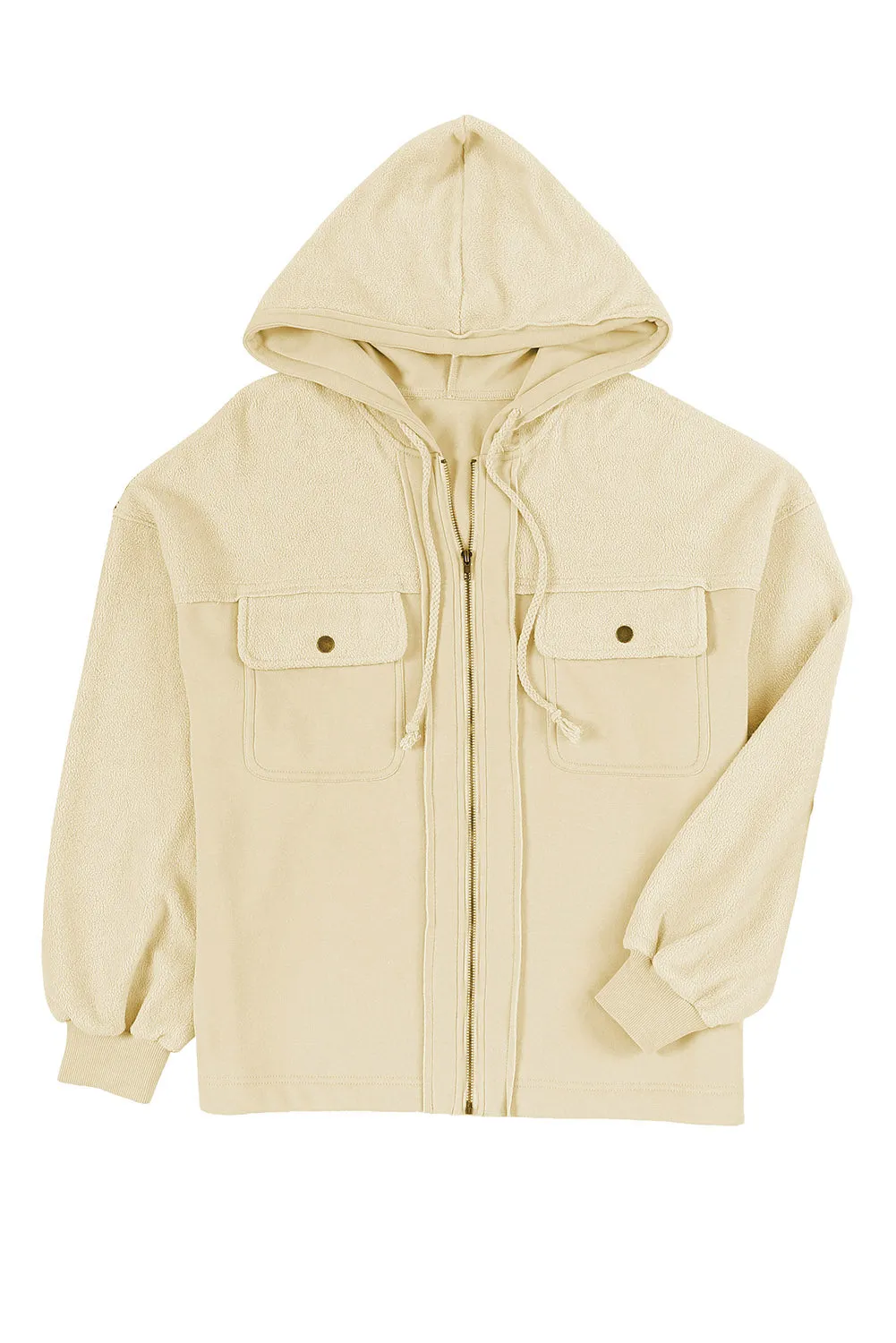 Cotton Blend Pink Flap Pocket Drawstring Hood Zip Up Jacket
