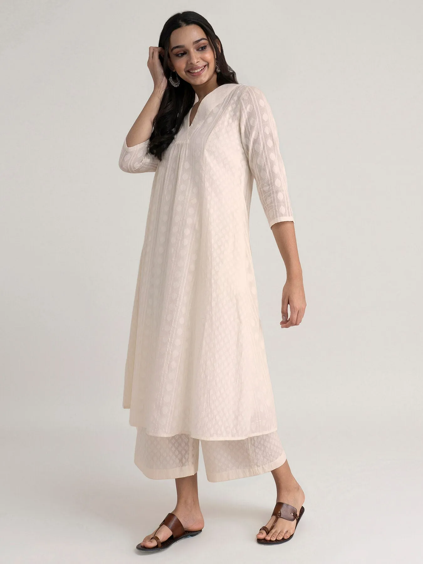 Cotton Jacquard Kurta Set - White