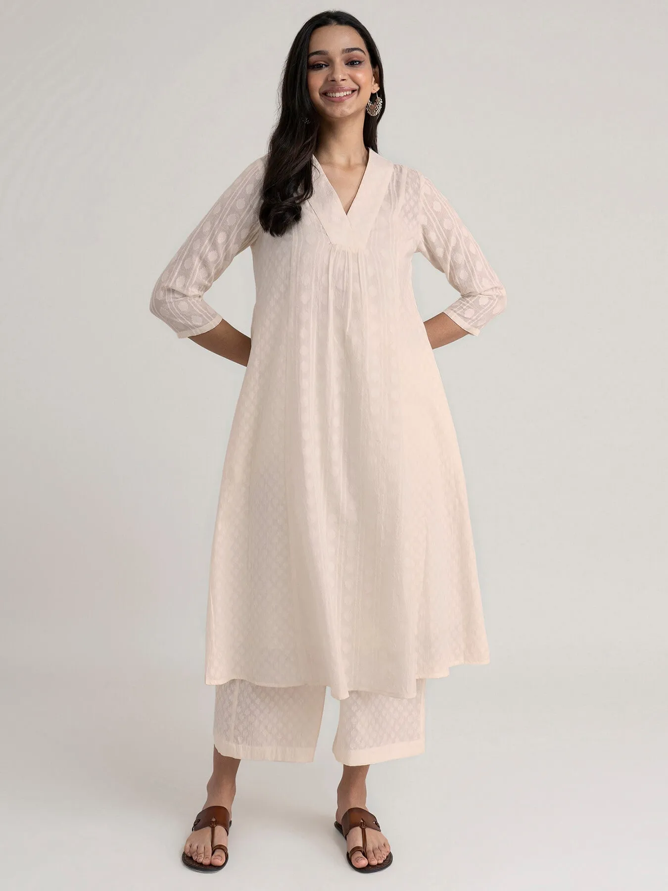 Cotton Jacquard Kurta Set - White
