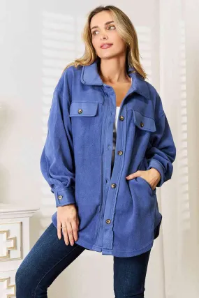Cozy Girl Full Size Button Down Shacket in Dusty Blue