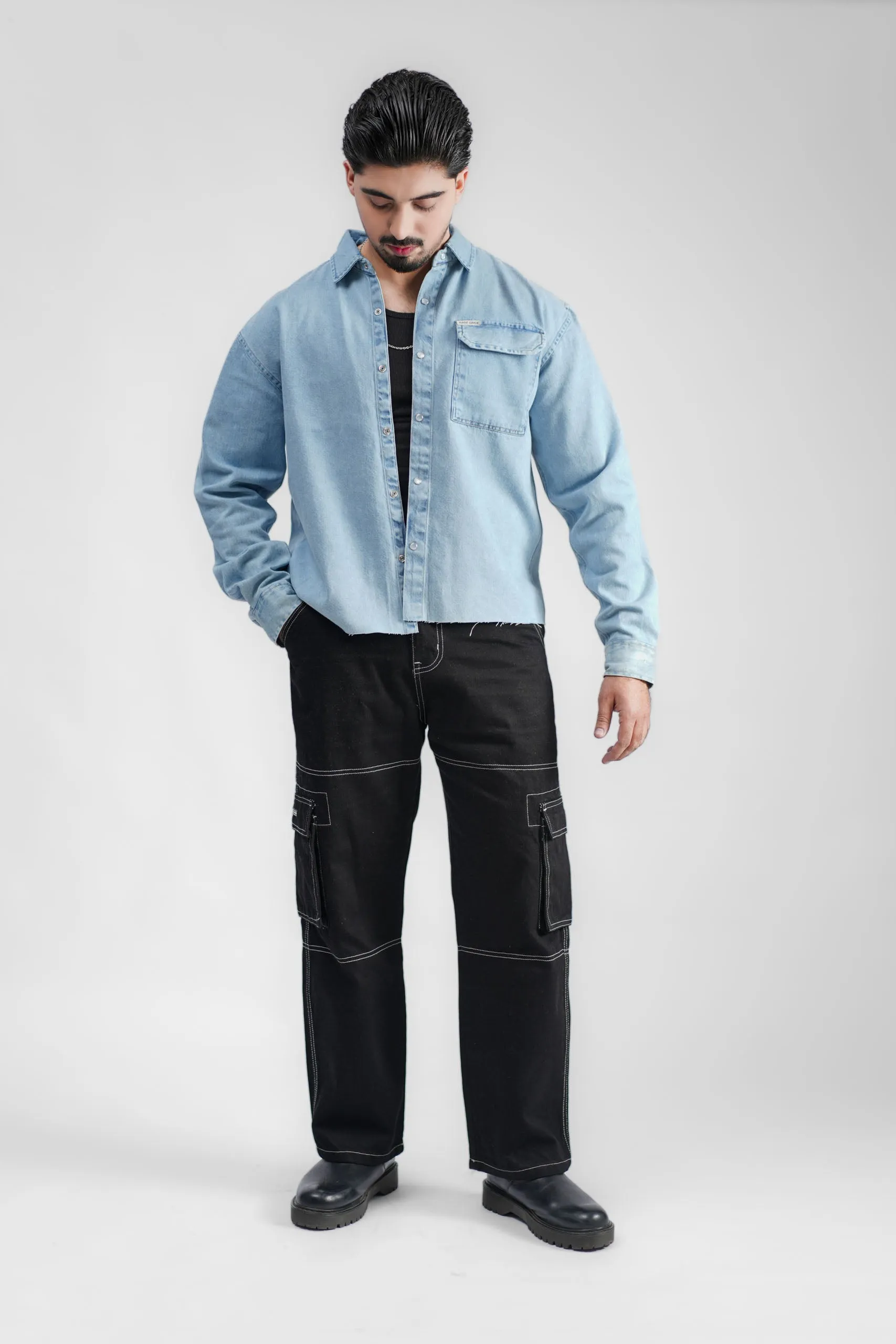 Cropped Denim Shirt Ripped Light Blue (DS02)