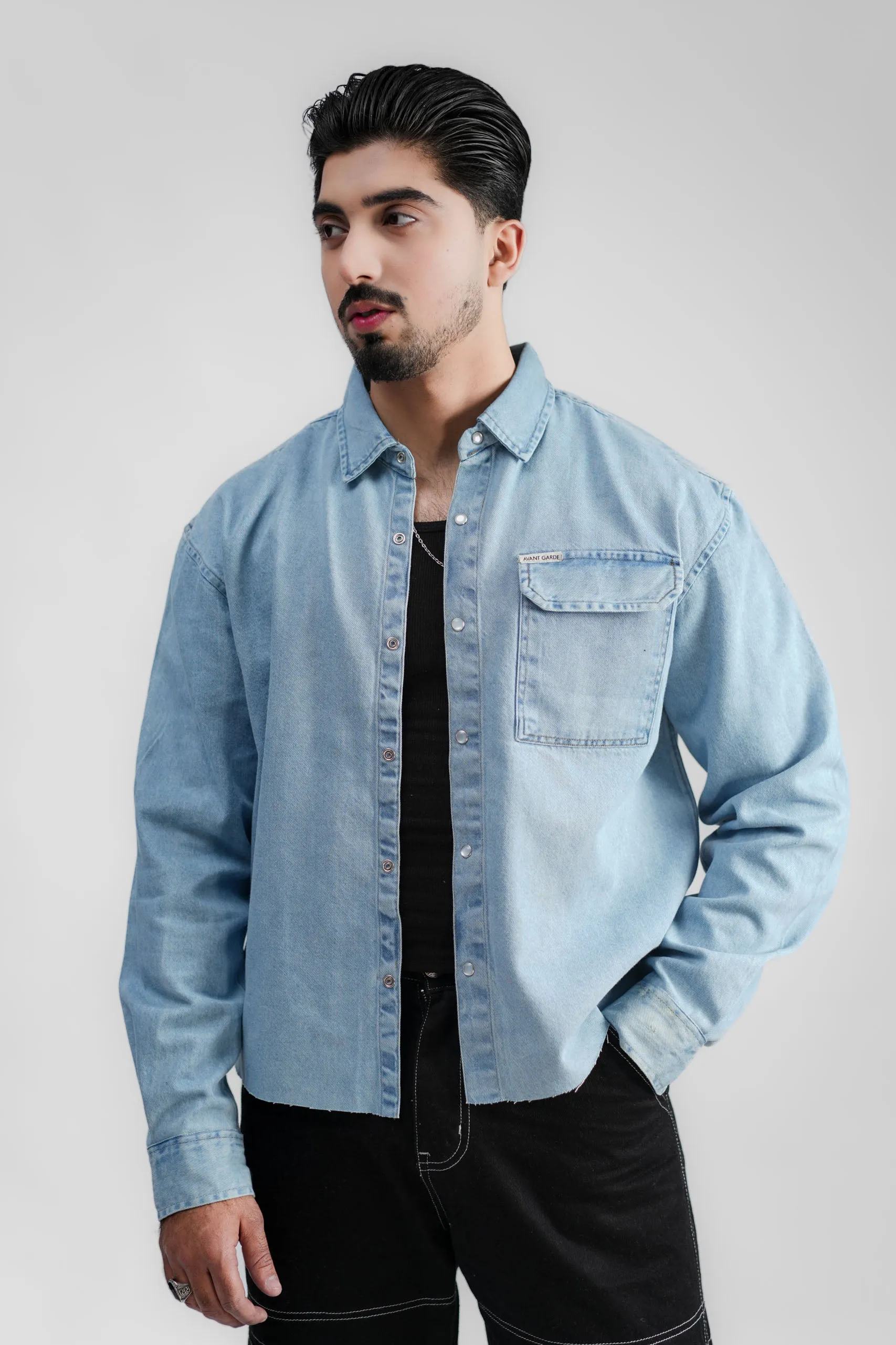 Cropped Denim Shirt Ripped Light Blue (DS02)