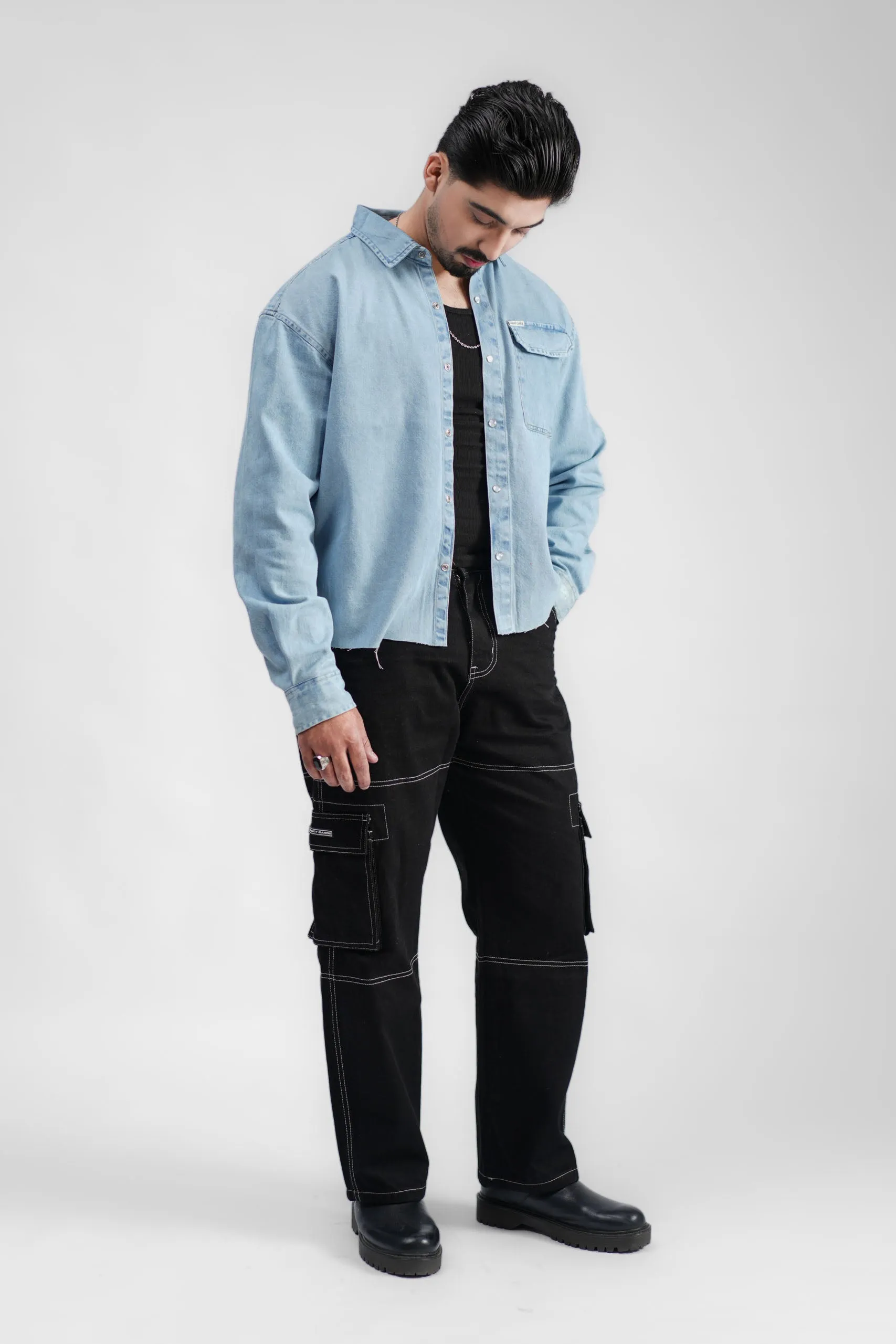 Cropped Denim Shirt Ripped Light Blue (DS02)