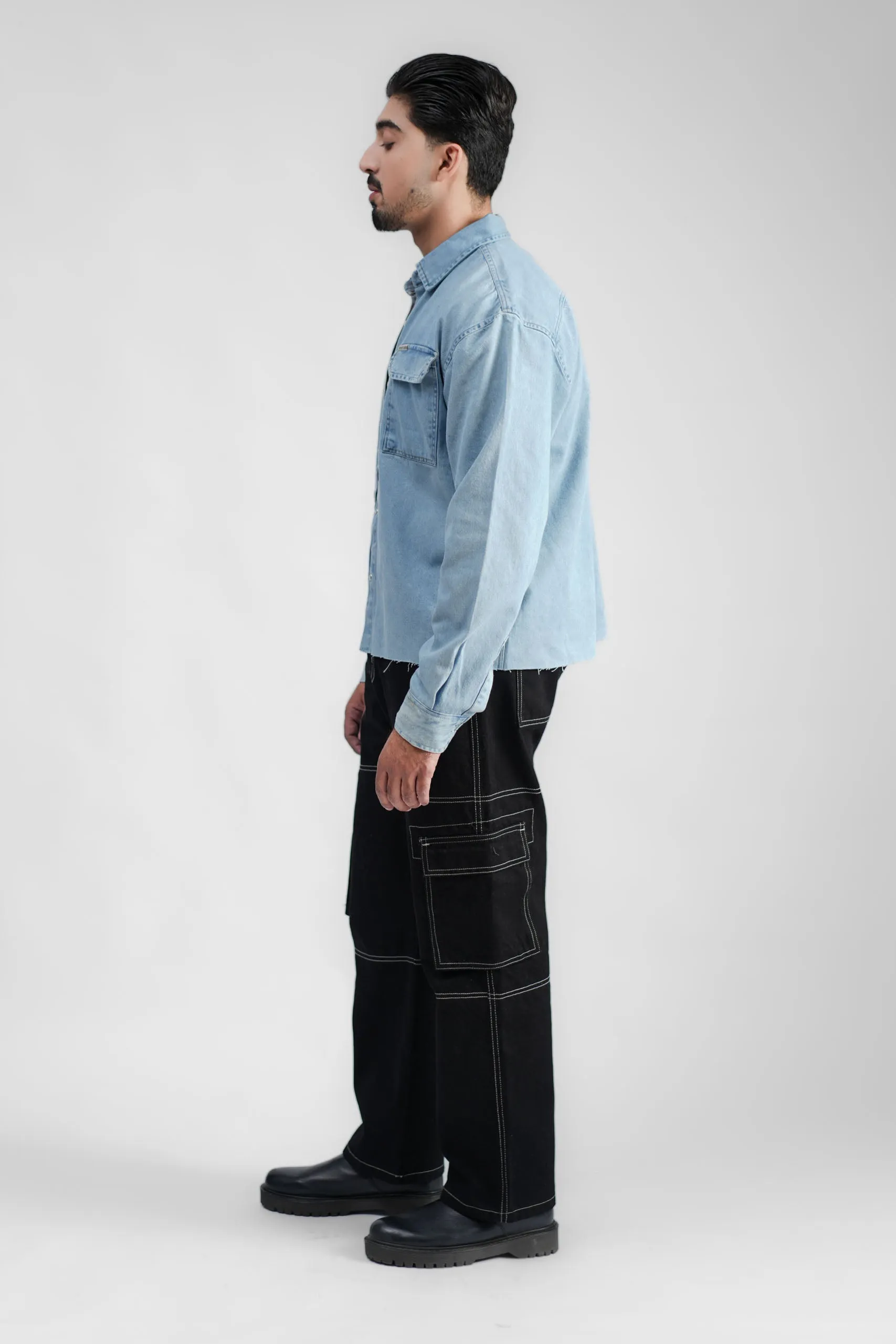 Cropped Denim Shirt Ripped Light Blue (DS02)