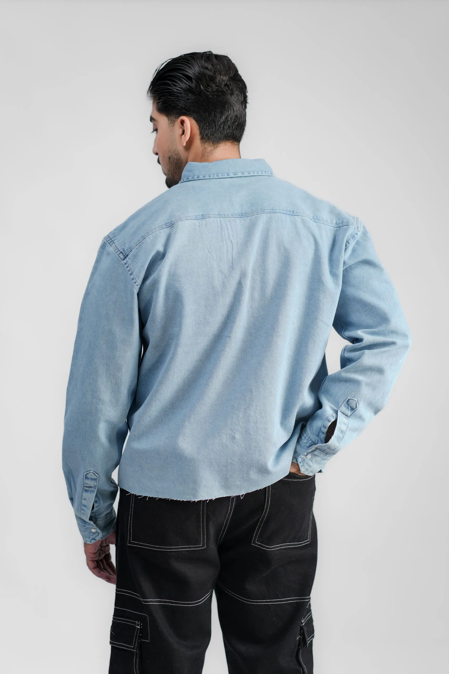 Cropped Denim Shirt Ripped Light Blue (DS02)