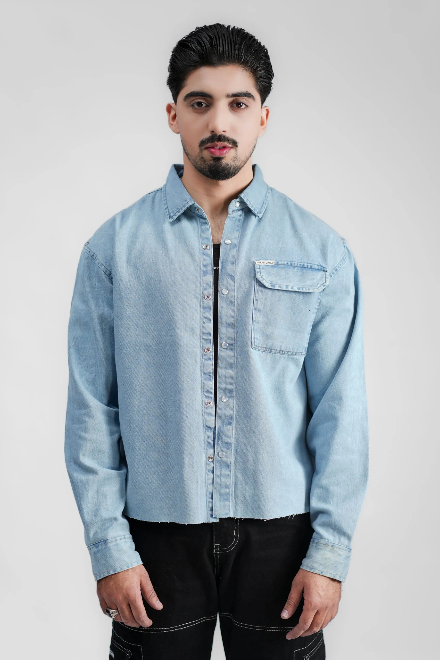 Cropped Denim Shirt Ripped Light Blue (DS02)