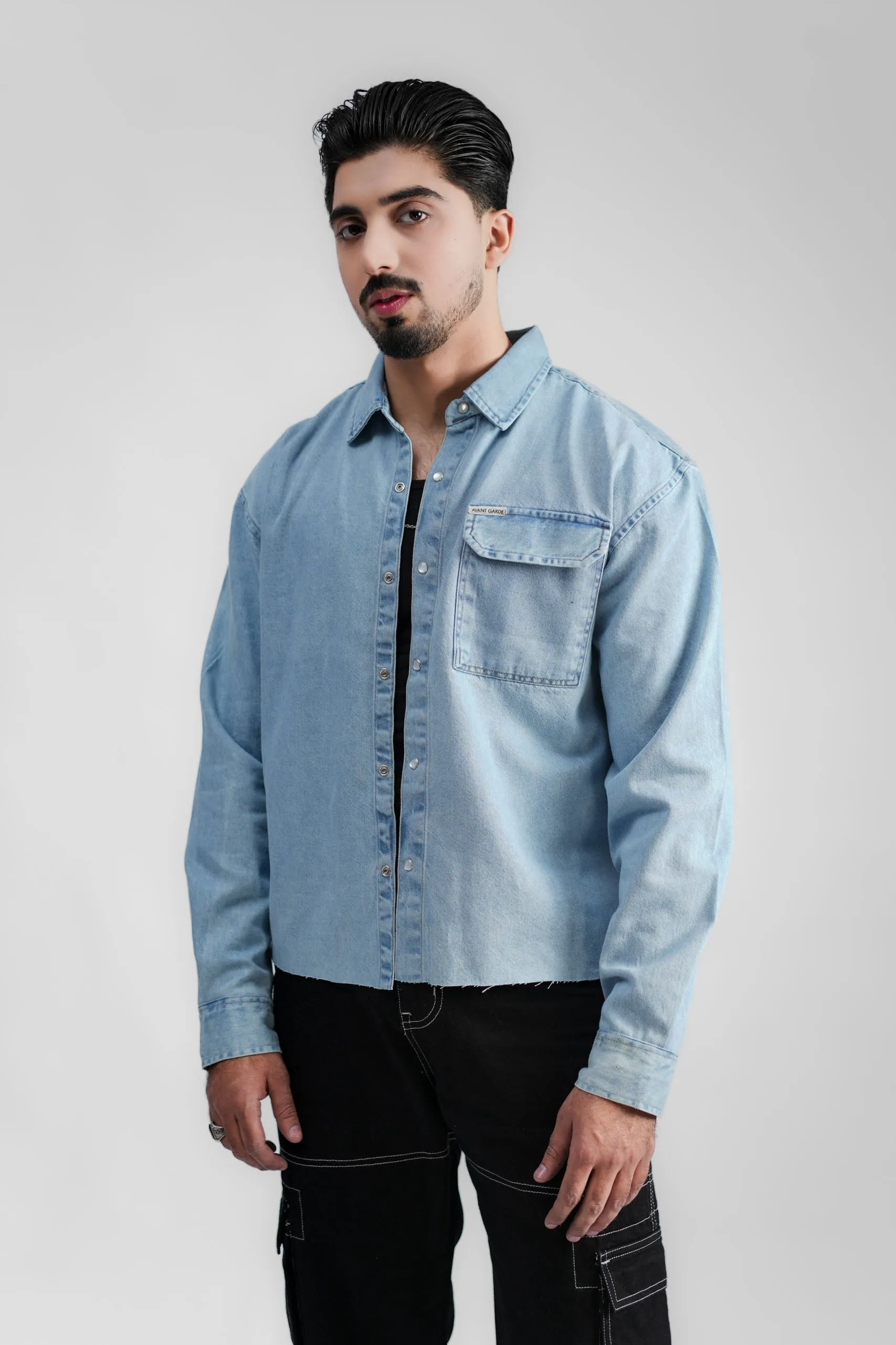 Cropped Denim Shirt Ripped Light Blue (DS02)