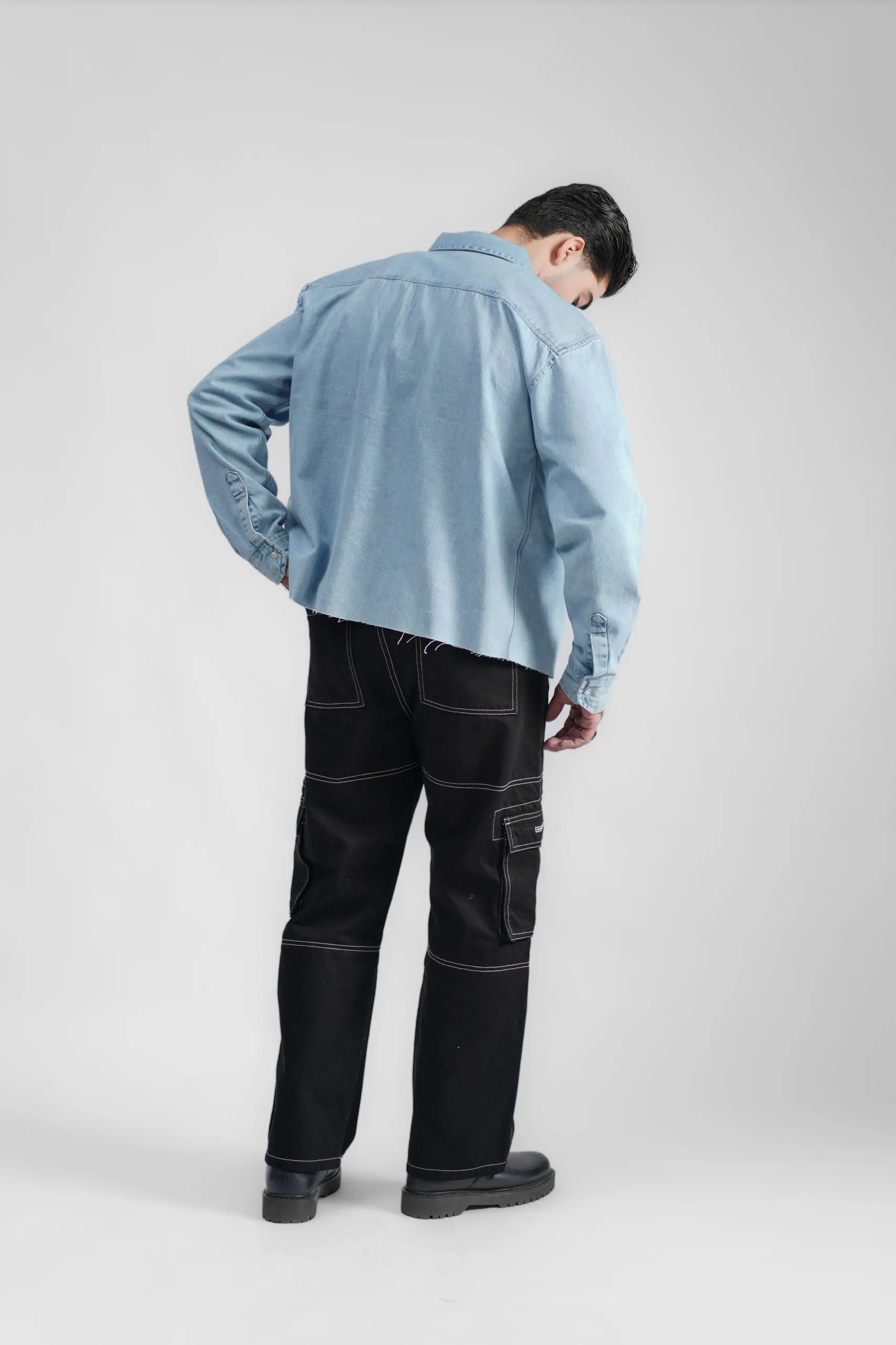 Cropped Denim Shirt Ripped Light Blue (DS02)