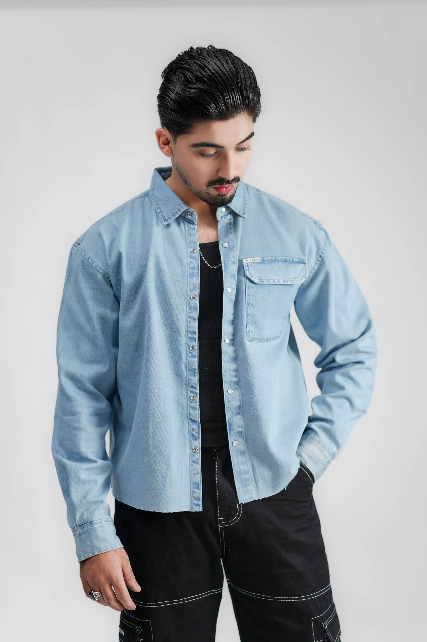 Cropped Denim Shirt Ripped Light Blue (DS02)