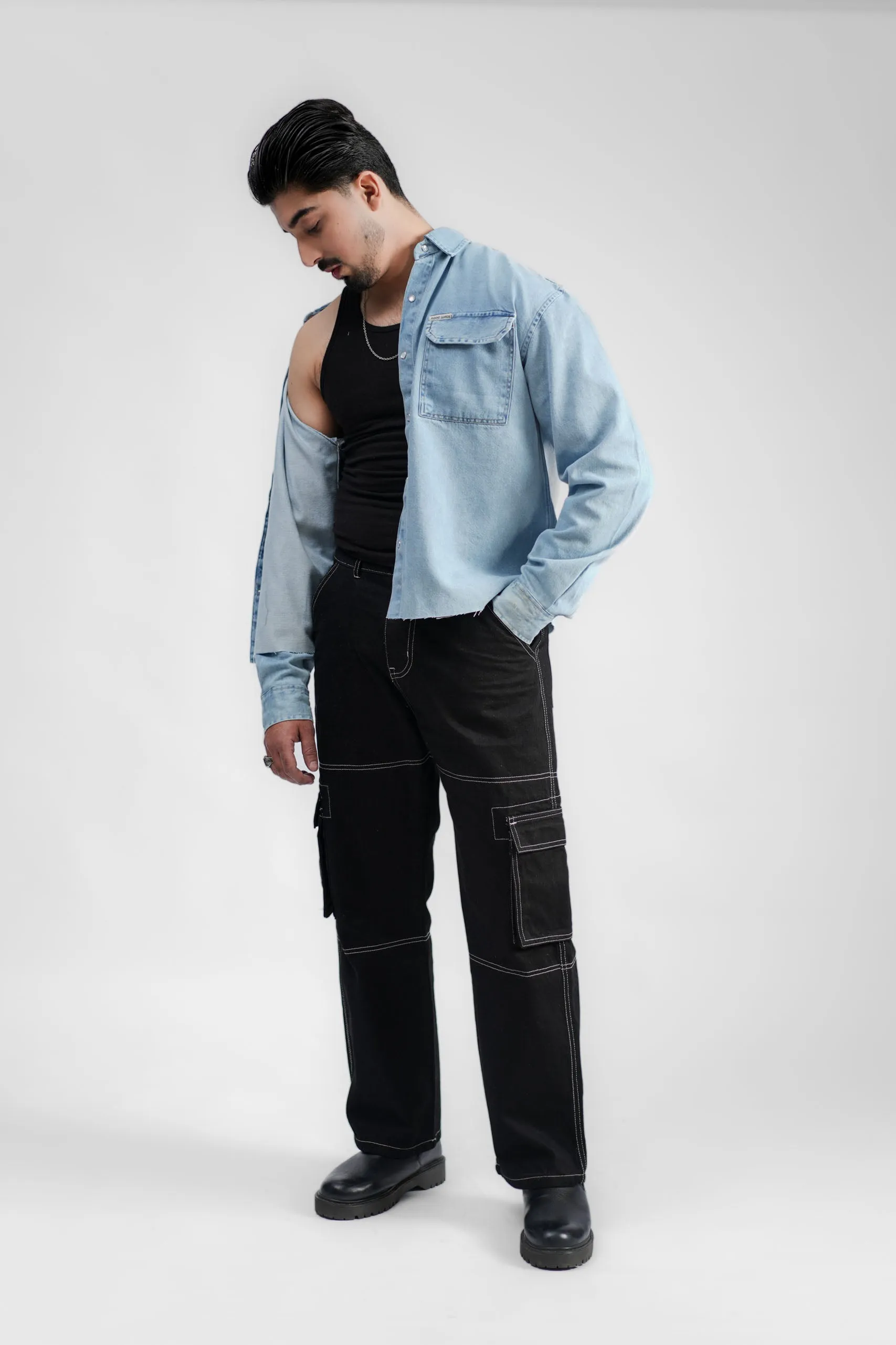 Cropped Denim Shirt Ripped Light Blue (DS02)