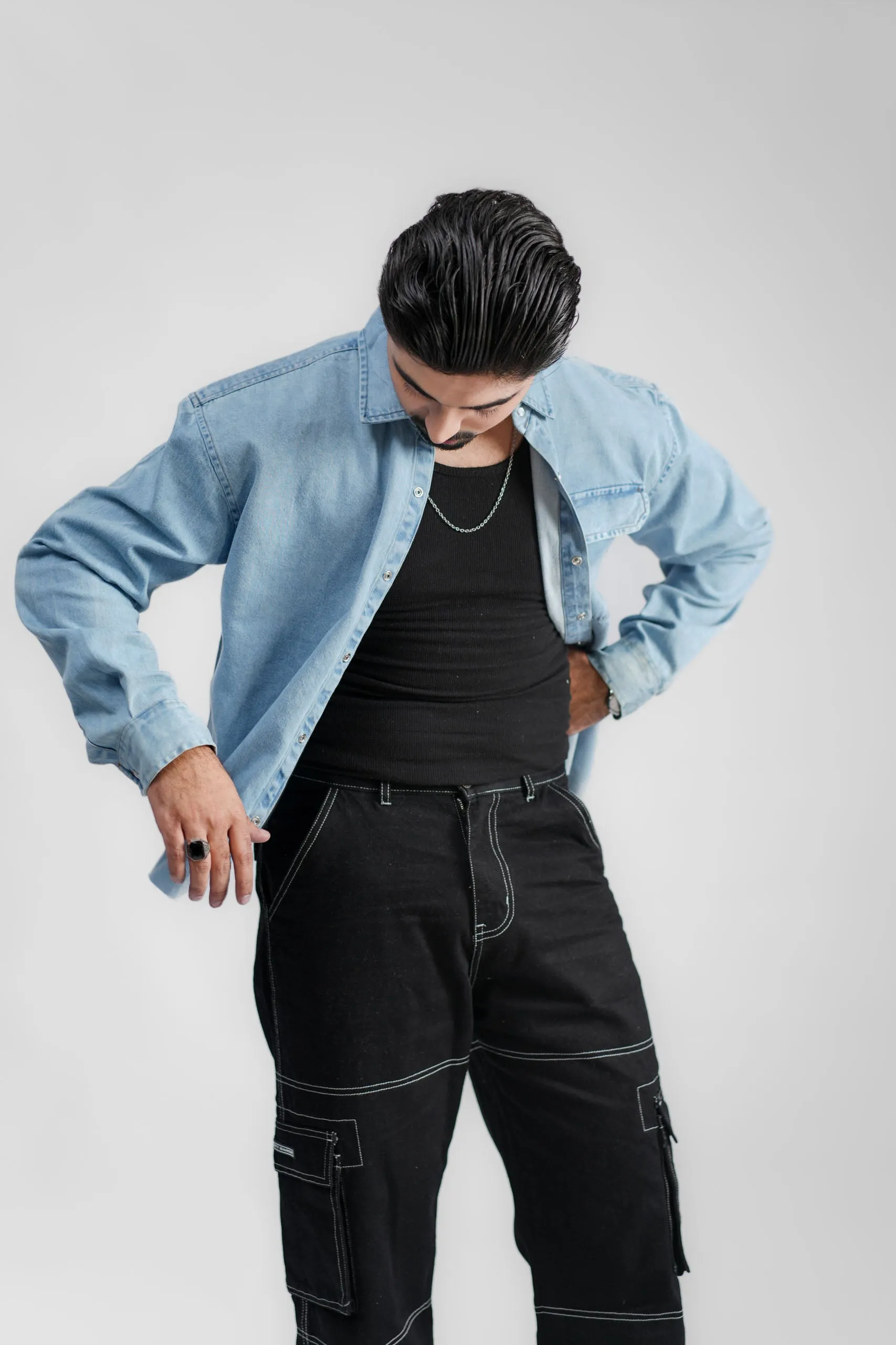 Cropped Denim Shirt Ripped Light Blue (DS02)