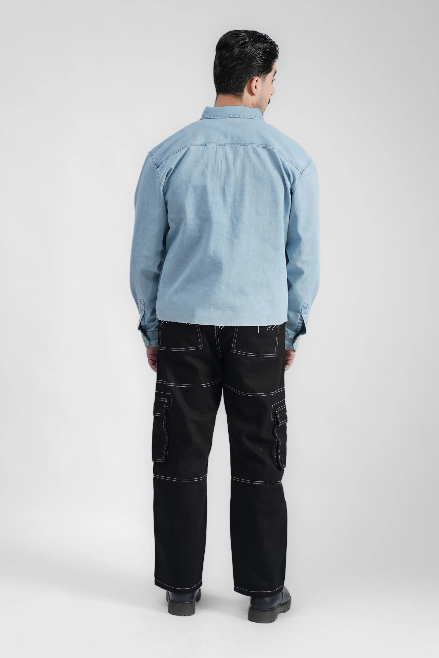 Cropped Denim Shirt Ripped Light Blue (DS02)