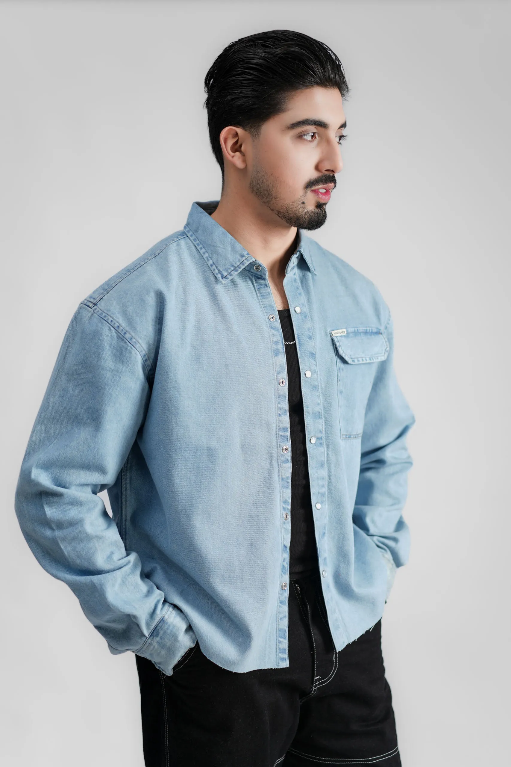 Cropped Denim Shirt Ripped Light Blue (DS02)