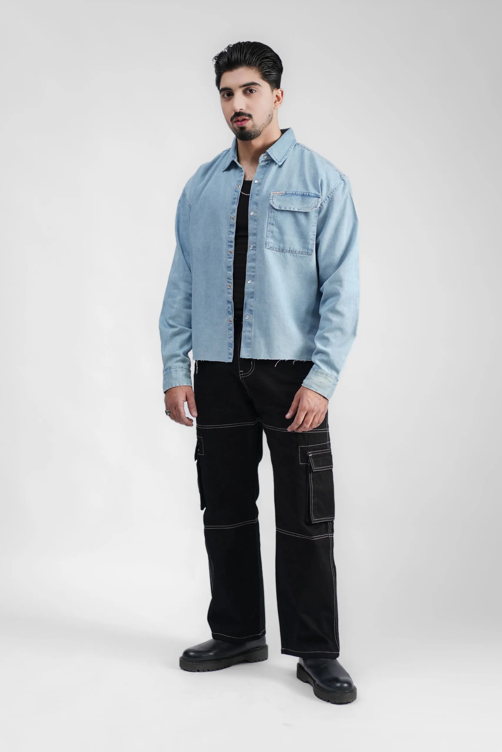 Cropped Denim Shirt Ripped Light Blue (DS02)