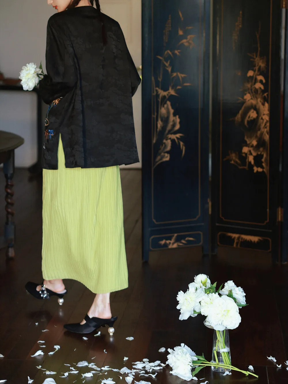 Crumply Pleats Simple Retro Long-Skirt
