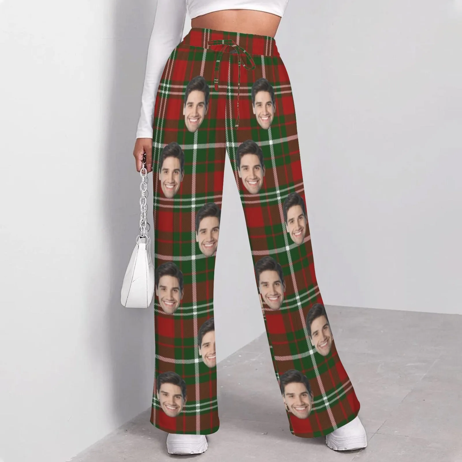 Custom Face Grid Pattern Women's Drawstring Wide Leg Sweatpants