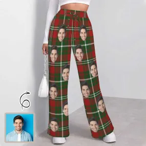 Custom Face Grid Pattern Women's Drawstring Wide Leg Sweatpants