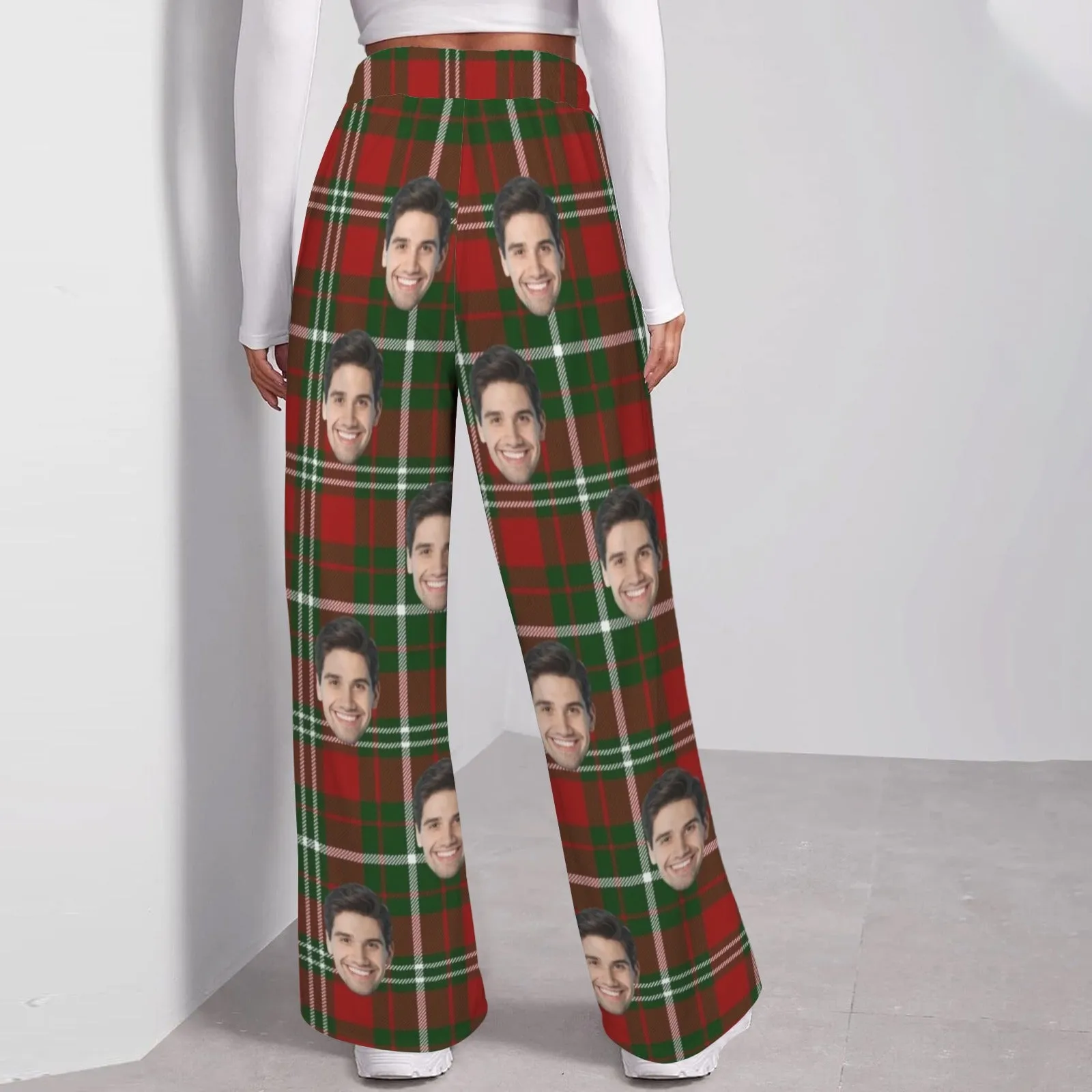 Custom Face Grid Pattern Women's Drawstring Wide Leg Sweatpants